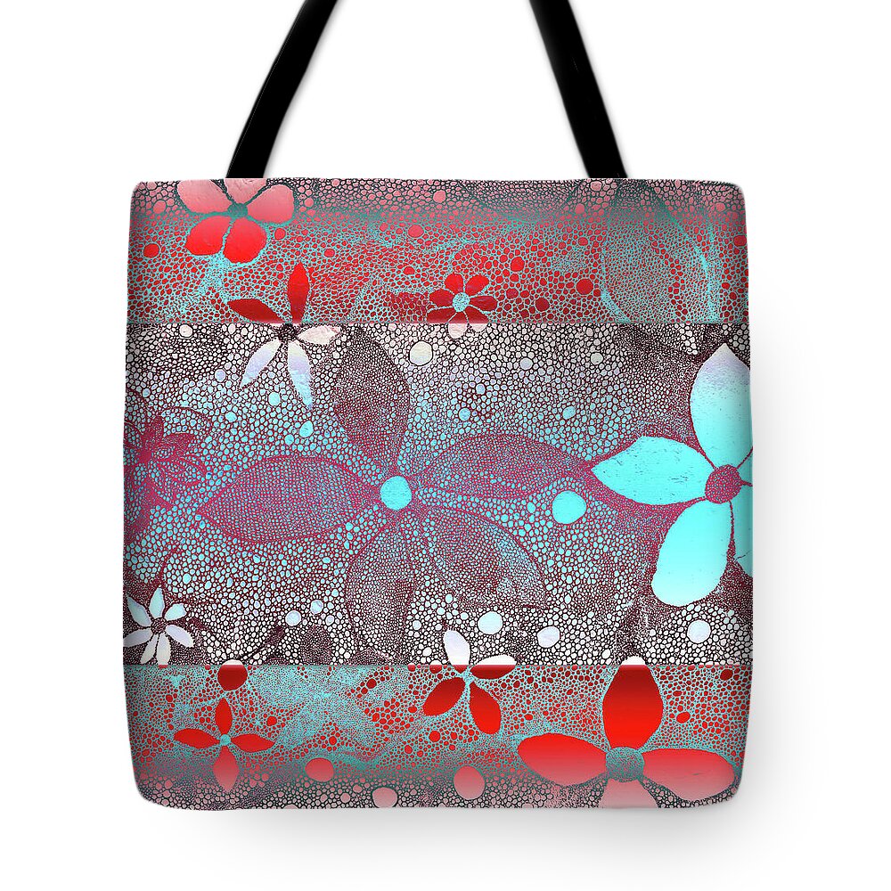 Red Tote Bag featuring the mixed media Red Blue Flowers In Lace by Melinda Firestone-White