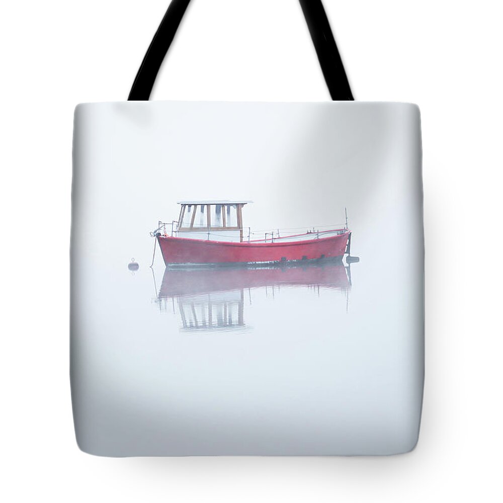 Red Boat Tote Bag featuring the photograph Red Boat in the Mist, Coniston Water by Anita Nicholson