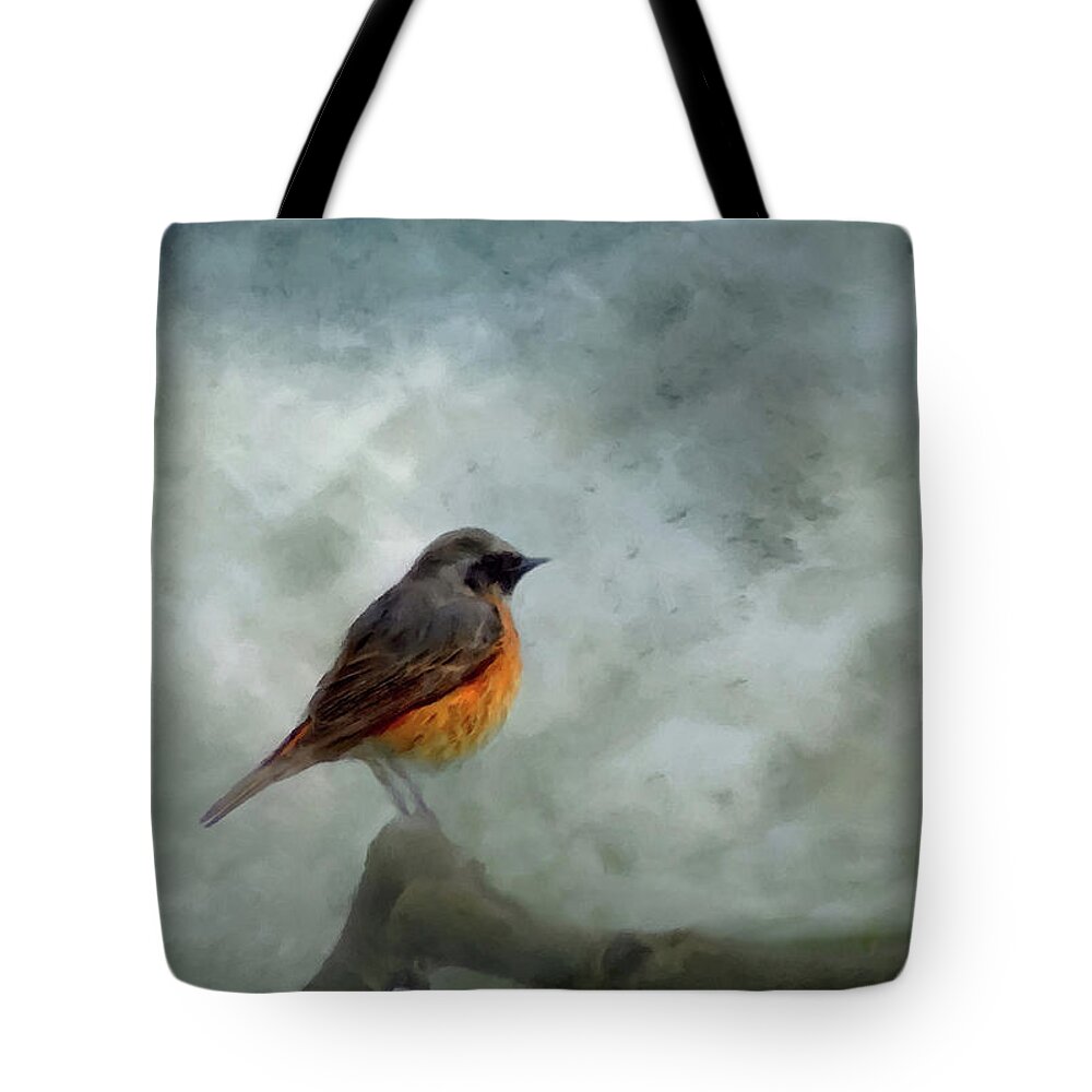 Red Bird Tote Bag featuring the mixed media Red Breast Bird At Dawn Following the Storm by David Dehner