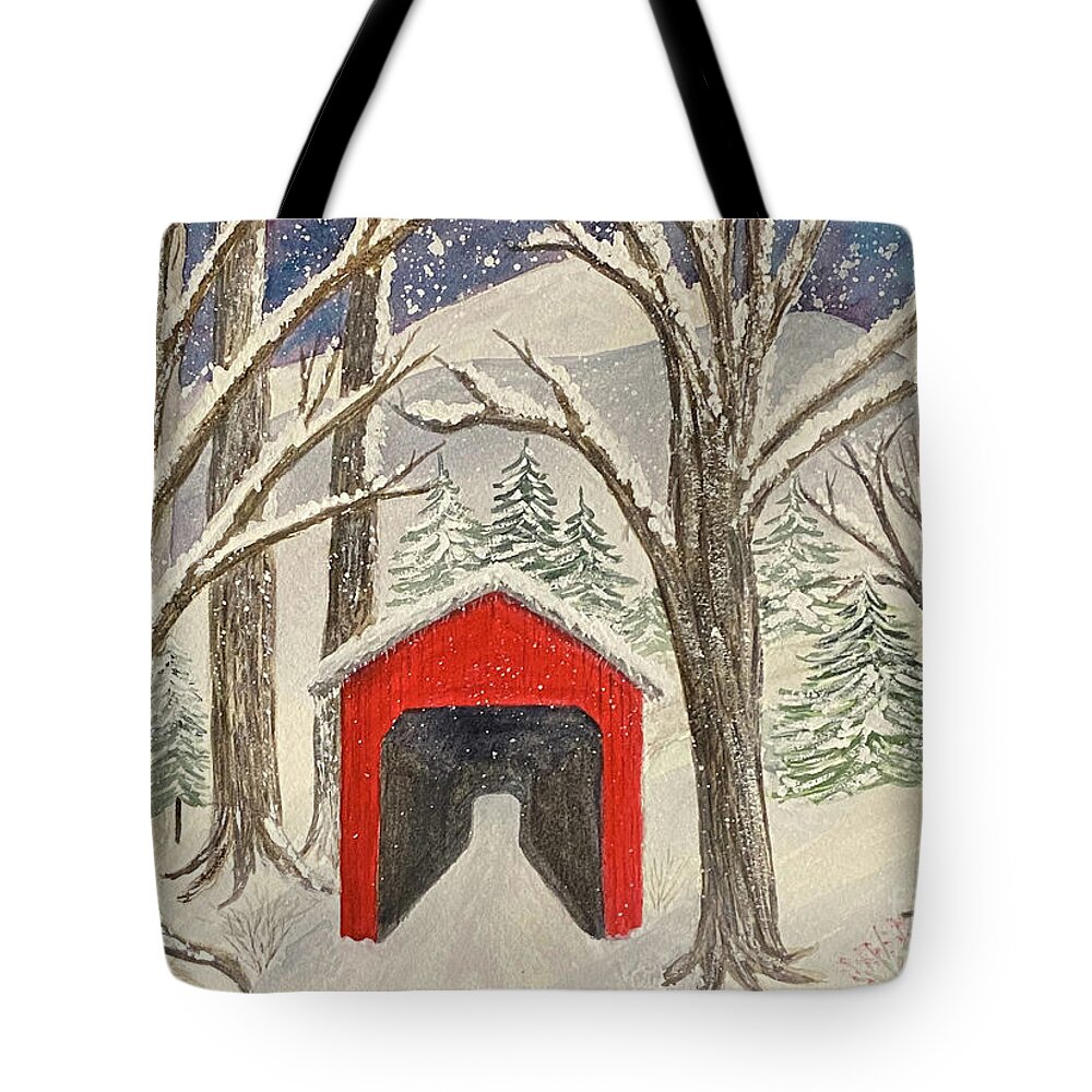 Covered Bridge Tote Bag featuring the painting Red Bridge in the Snow by Lisa Neuman