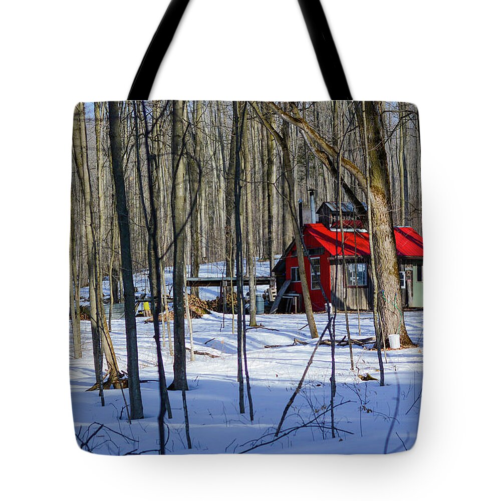 Red Tote Bag featuring the photograph Red Cabin in the Woods by James Canning