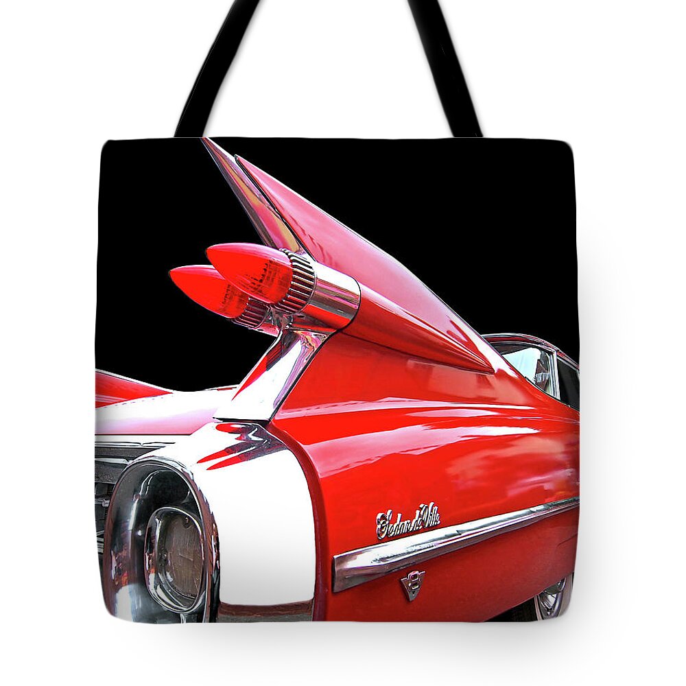 Cadillac Tote Bag featuring the photograph Red Cadillac Sedan de Ville 1959 Tail Fins by Gill Billington