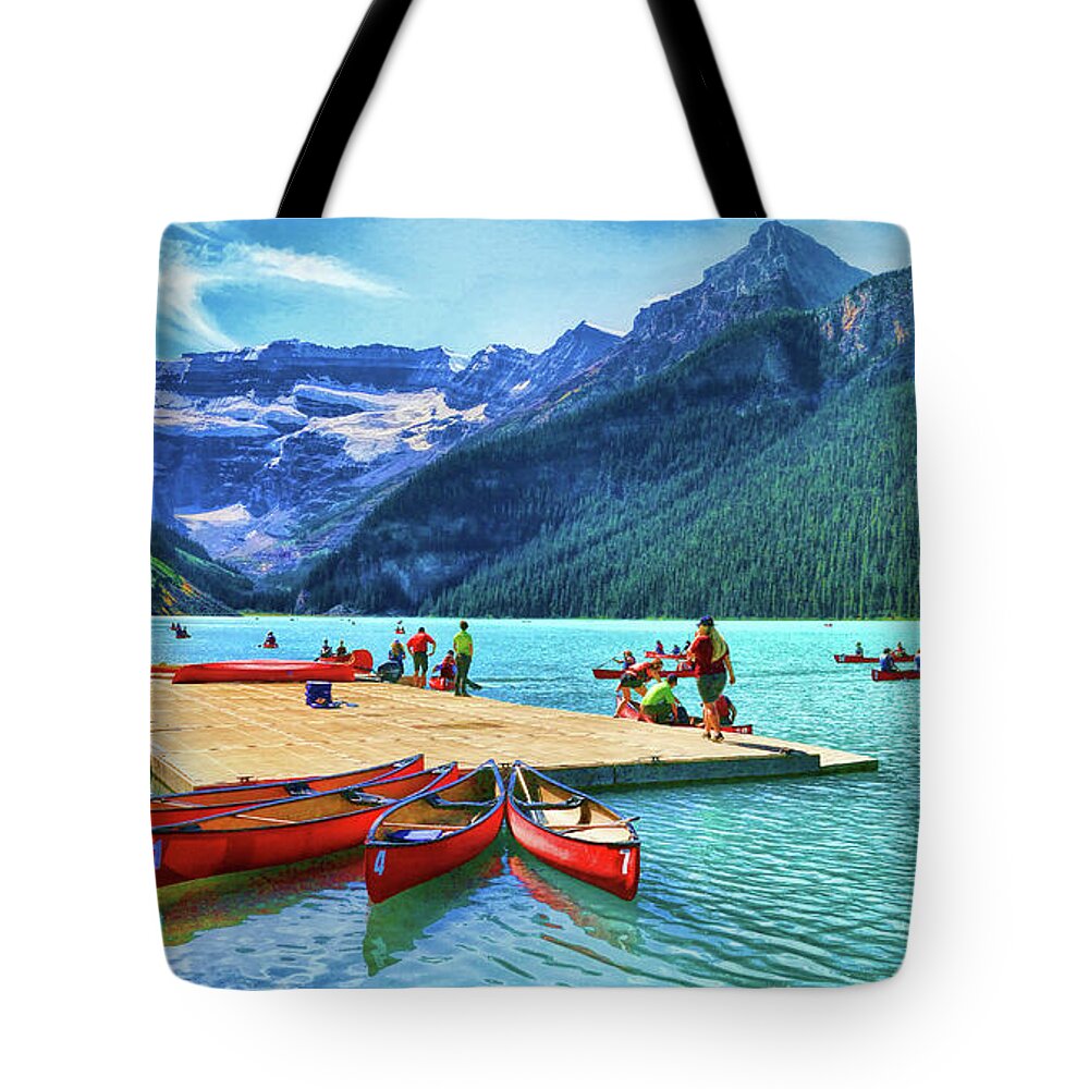 Alberta Tote Bag featuring the photograph Red Canoes Of Lake Louise - Banff National Park Canada by Ola Allen