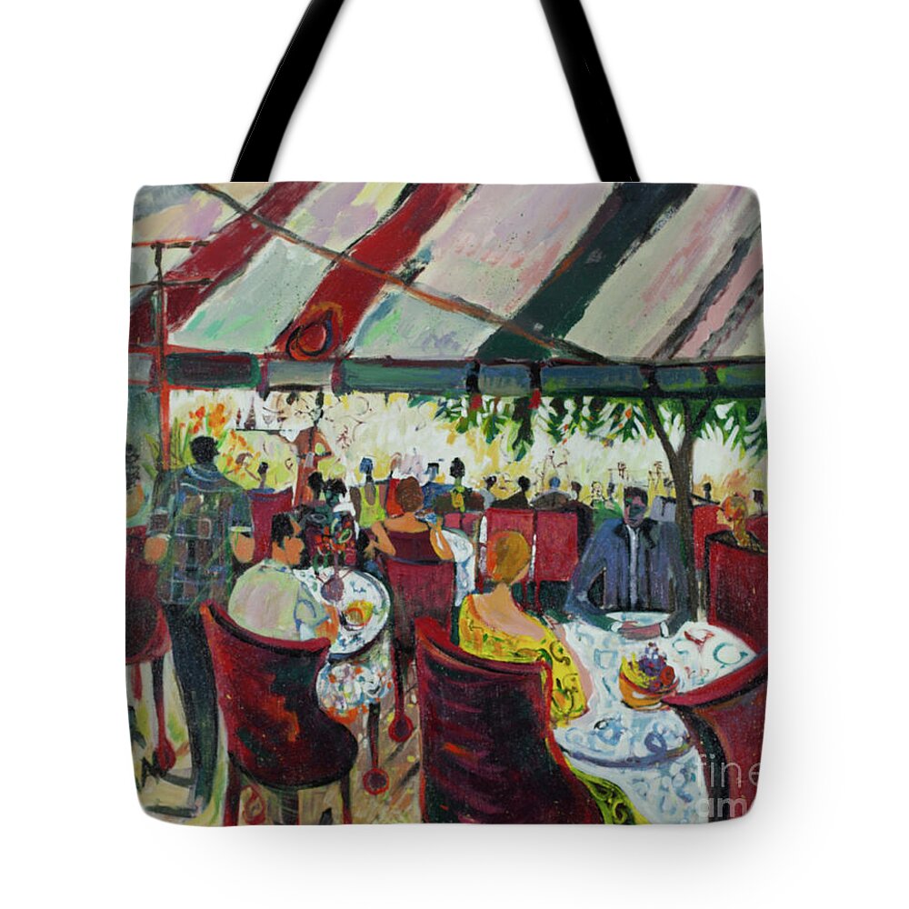 Red Chair CafÉ Tote Bag featuring the mixed media Red Chair Cafe by Cherie Salerno