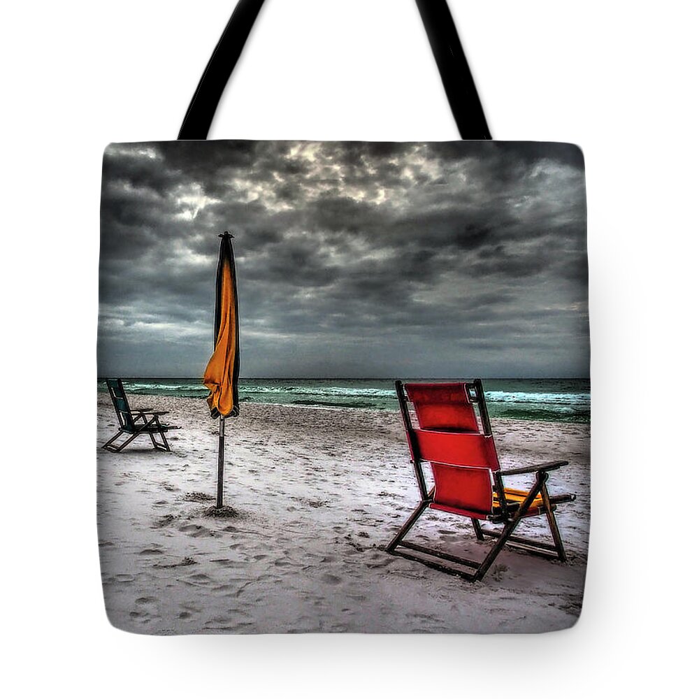 Chairs Tote Bag featuring the photograph Red Chair on the Beach in Gulf Shores by James C Richardson