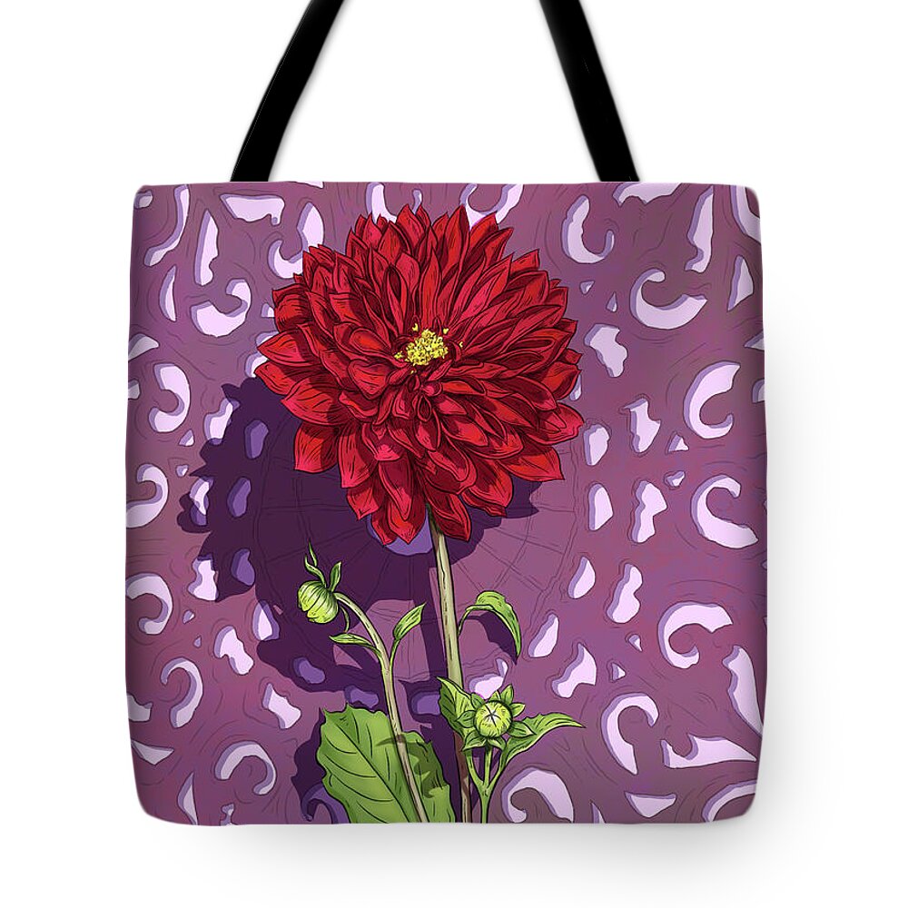 Dahlia Tote Bag featuring the mixed media Red Dahlia in the Sun by Shari Warren