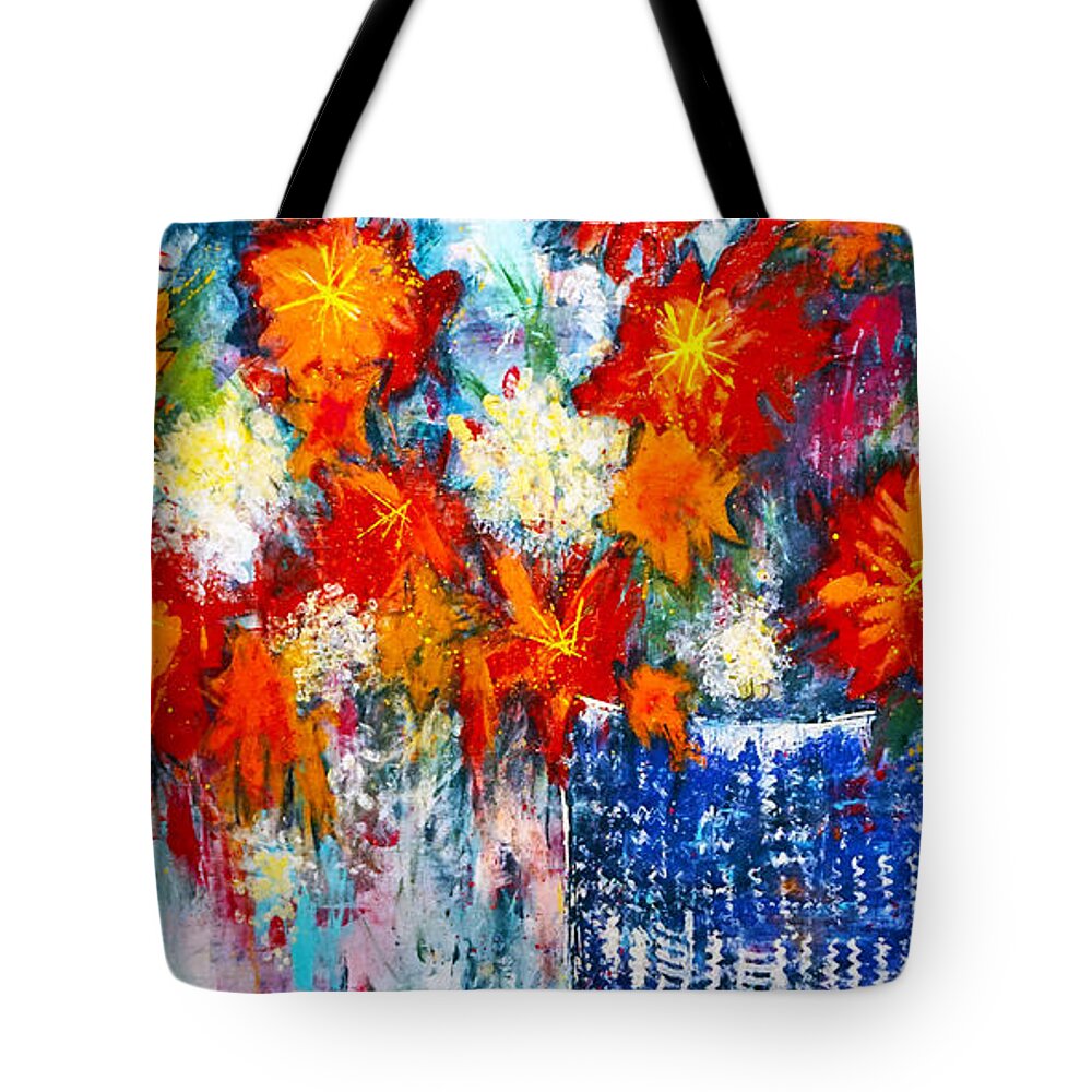 Landscape Tote Bag featuring the painting Red Day-lilies in Bloom by Joanne Herrmann