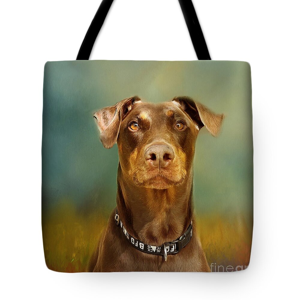Red Doberman Tote Bag featuring the mixed media Red Doberman by Kathy Kelly