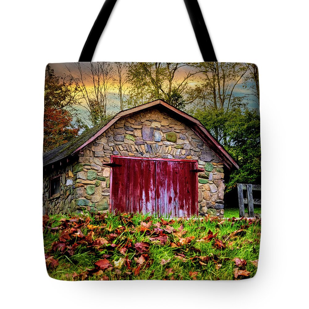 Barns Tote Bag featuring the photograph Red Door Barn Farm Creeper Trail in Autumn Fall Colors Damascus by Debra and Dave Vanderlaan