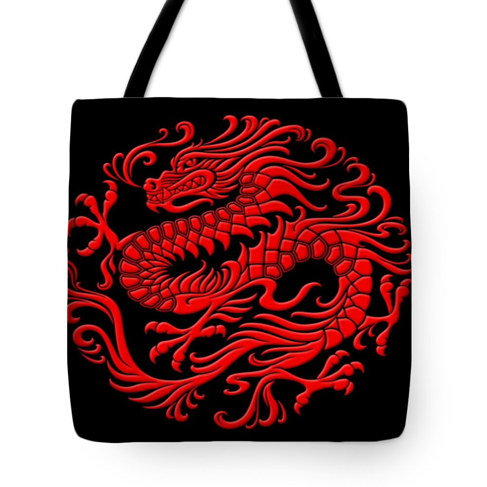 Red Tote Bag featuring the digital art Red dragon by Mopssy Stopsy