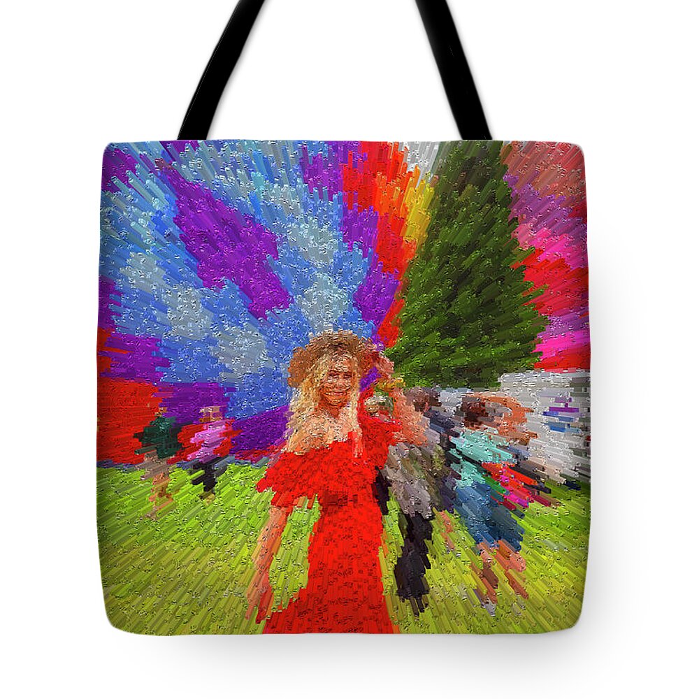 Red Tote Bag featuring the photograph Red Dress Gal by Dart Humeston