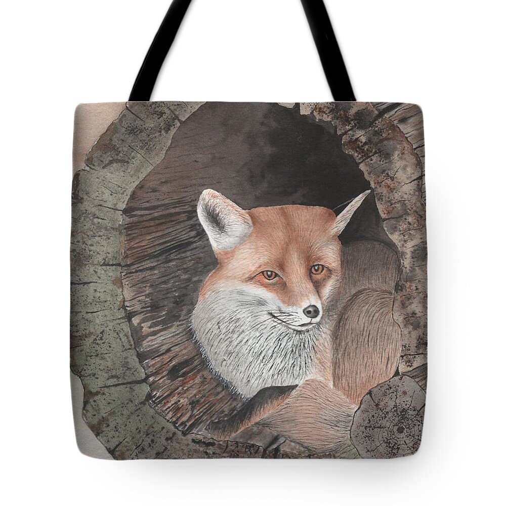 Red Fox Tote Bag featuring the painting Red Fox in Hollow Log by Bob Labno