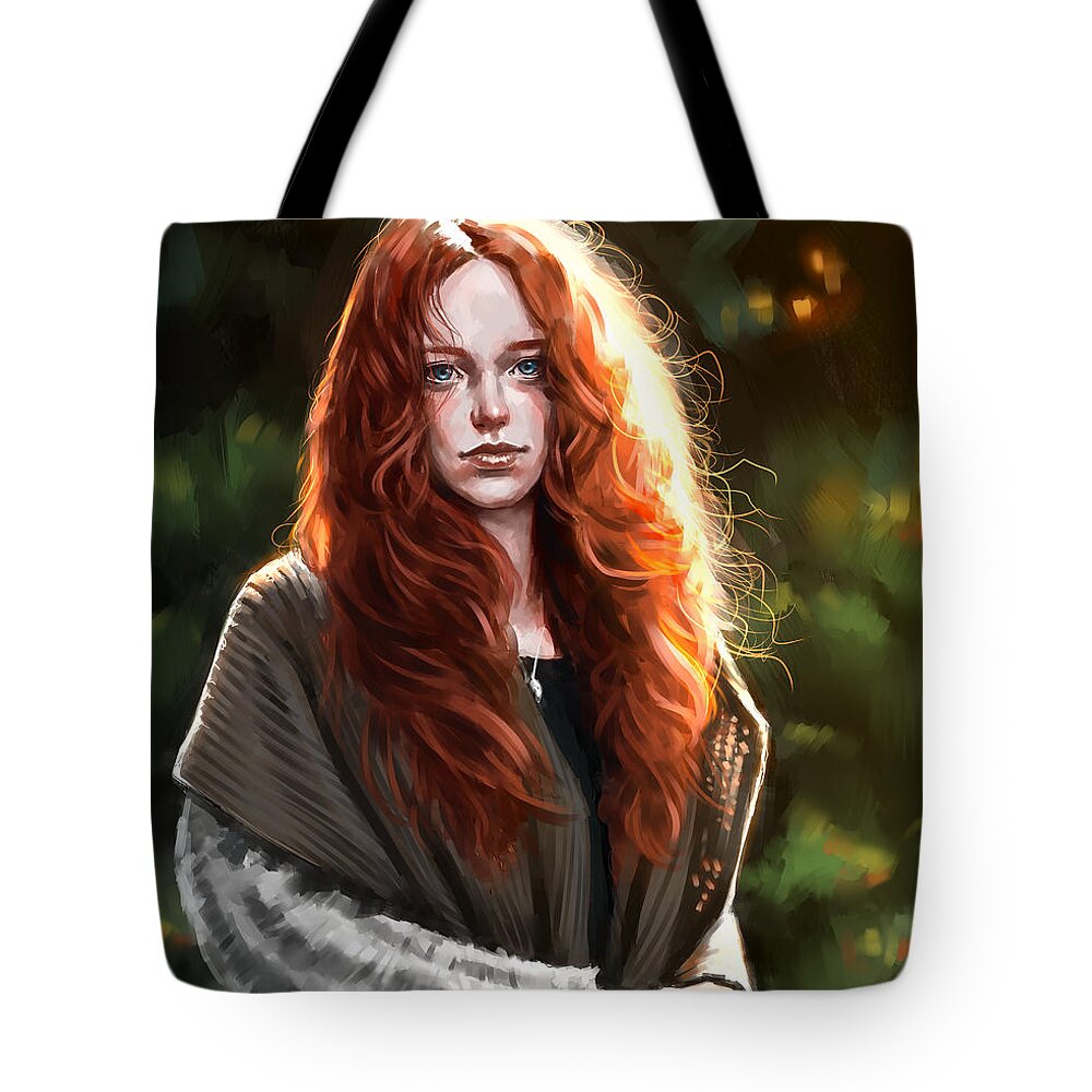 Red Hair Girl Tote Bag featuring the digital art Red hair girl - portrait by Darko B