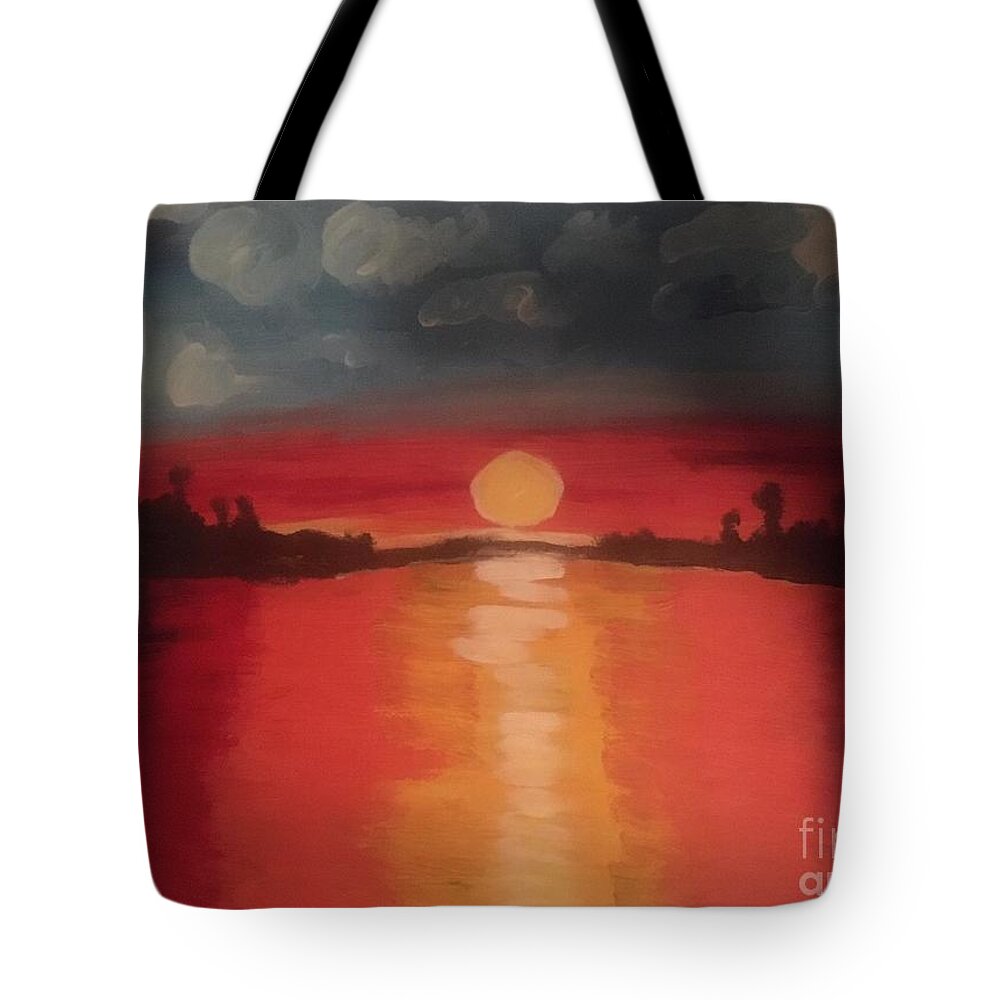 Red Hot Sunset Heat Beauty Nature Love Muskoka Cottage Country Canada Tote Bag featuring the painting Red Hot Sunset by Nina Jatania