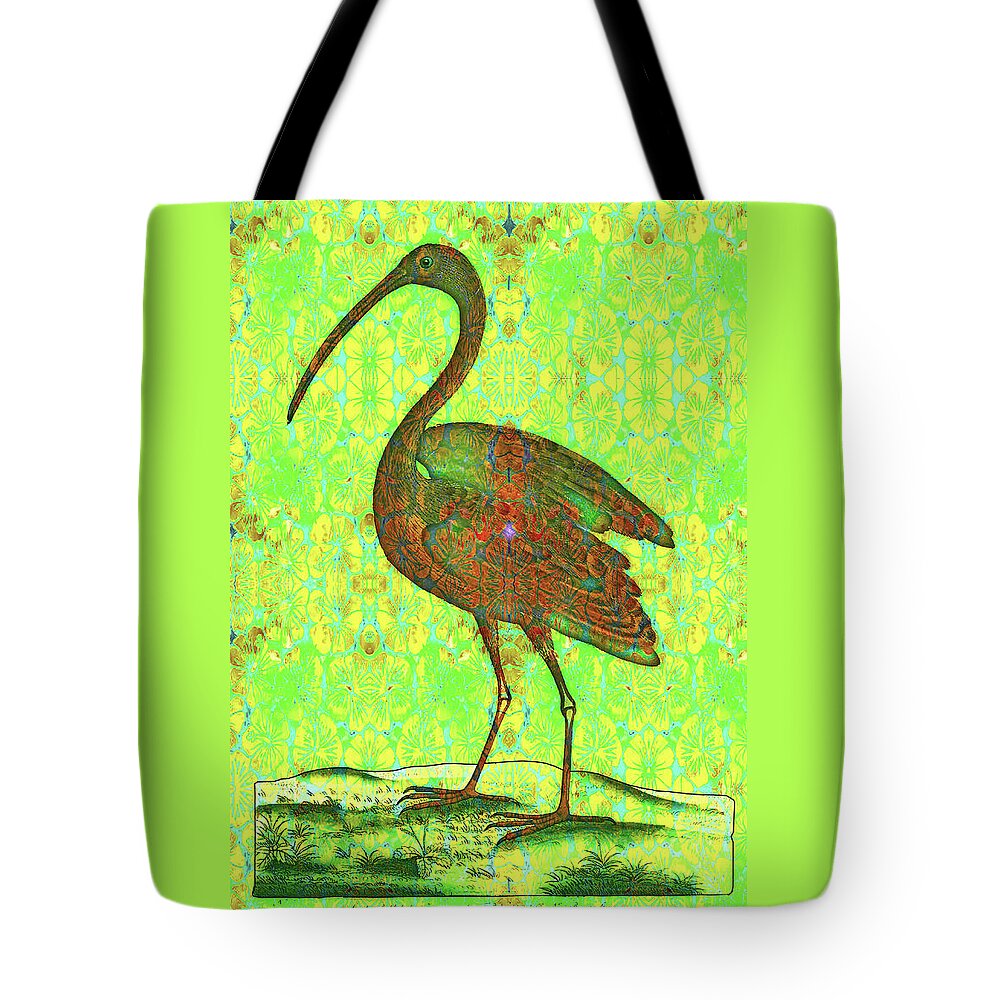 Ibis Tote Bag featuring the digital art Red ibis on green brocade by Lorena Cassady