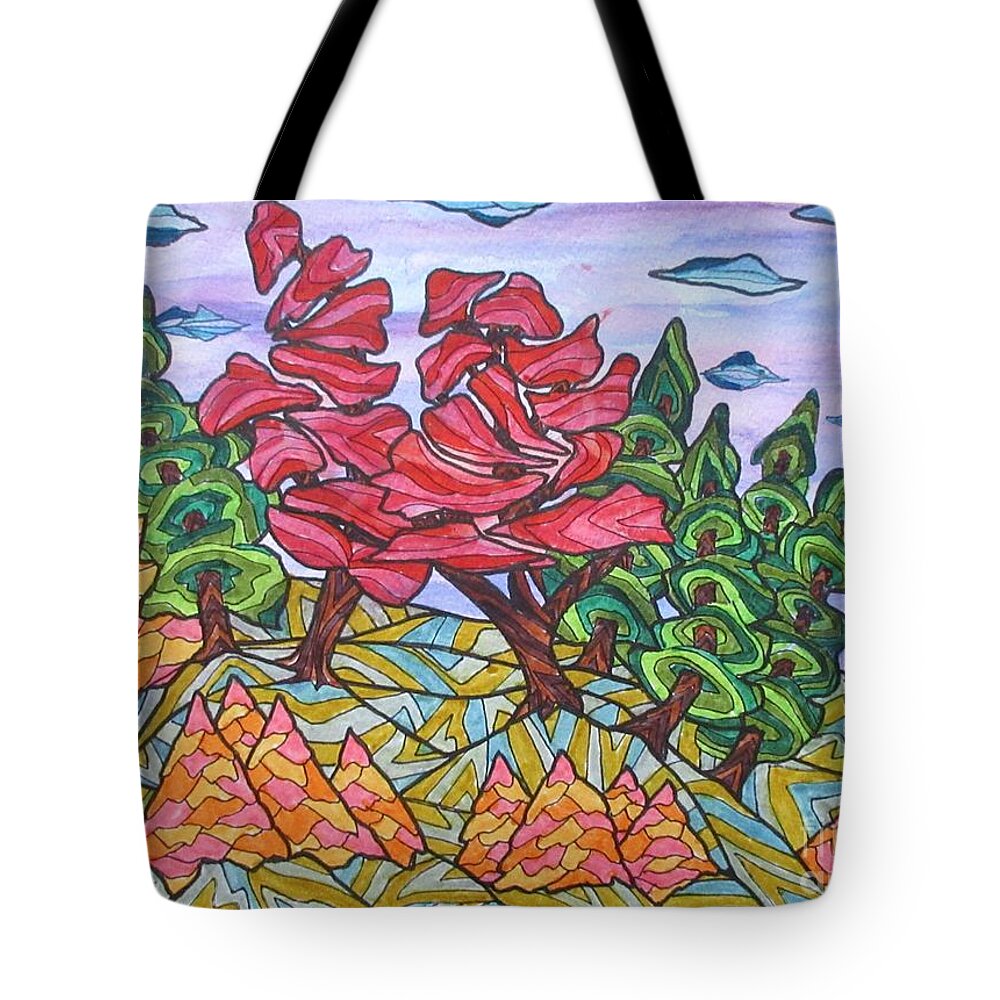 Trees Tree Landscape Abstract Ontario Canada Decor Decrotive Office Group Of Seven Red Mask Pillow Cushion Outdoors Woods Forrest Tote Bag featuring the painting Red Maple Ridge by Bradley Boug