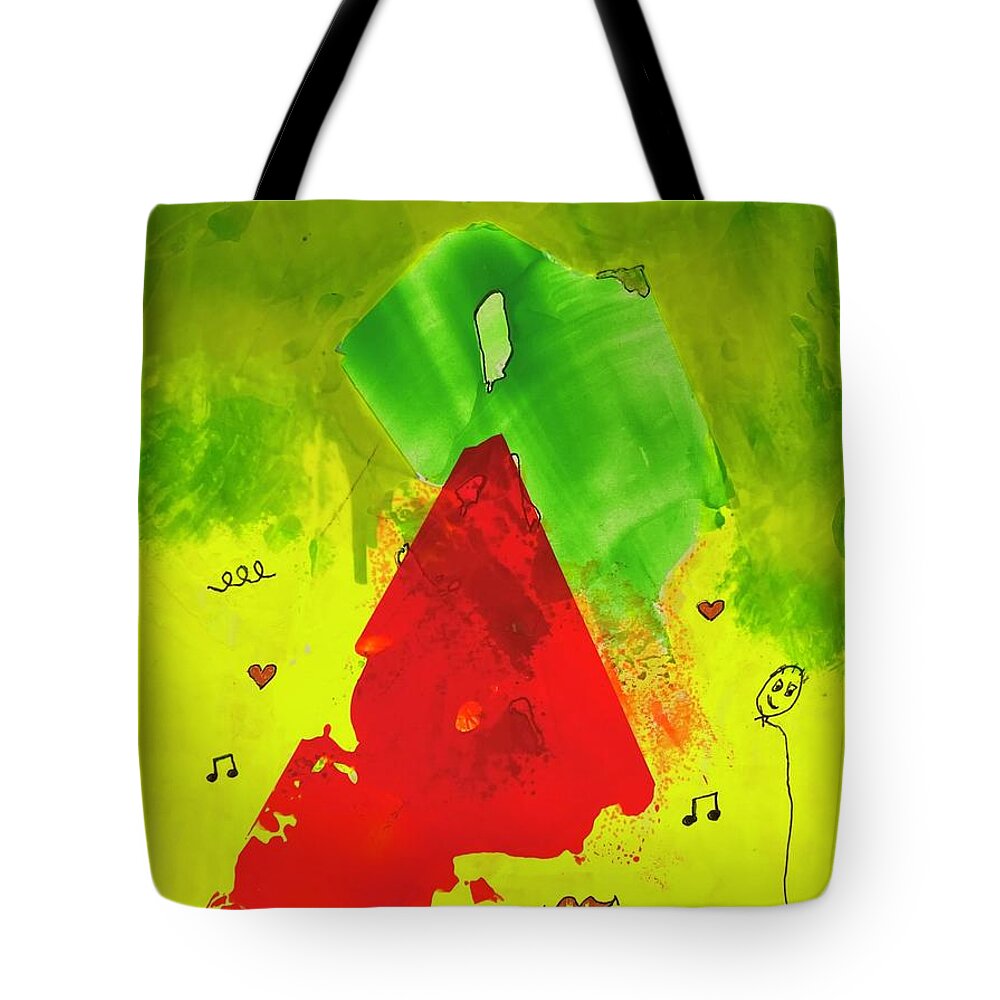  Tote Bag featuring the mixed media Red on Green with Music 111410 by Lew Hagood