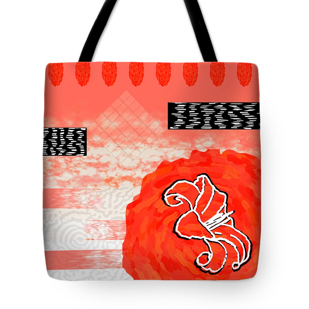Red Tote Bag featuring the digital art Red Peach Motif Collage Design for Home Decor by Delynn Addams
