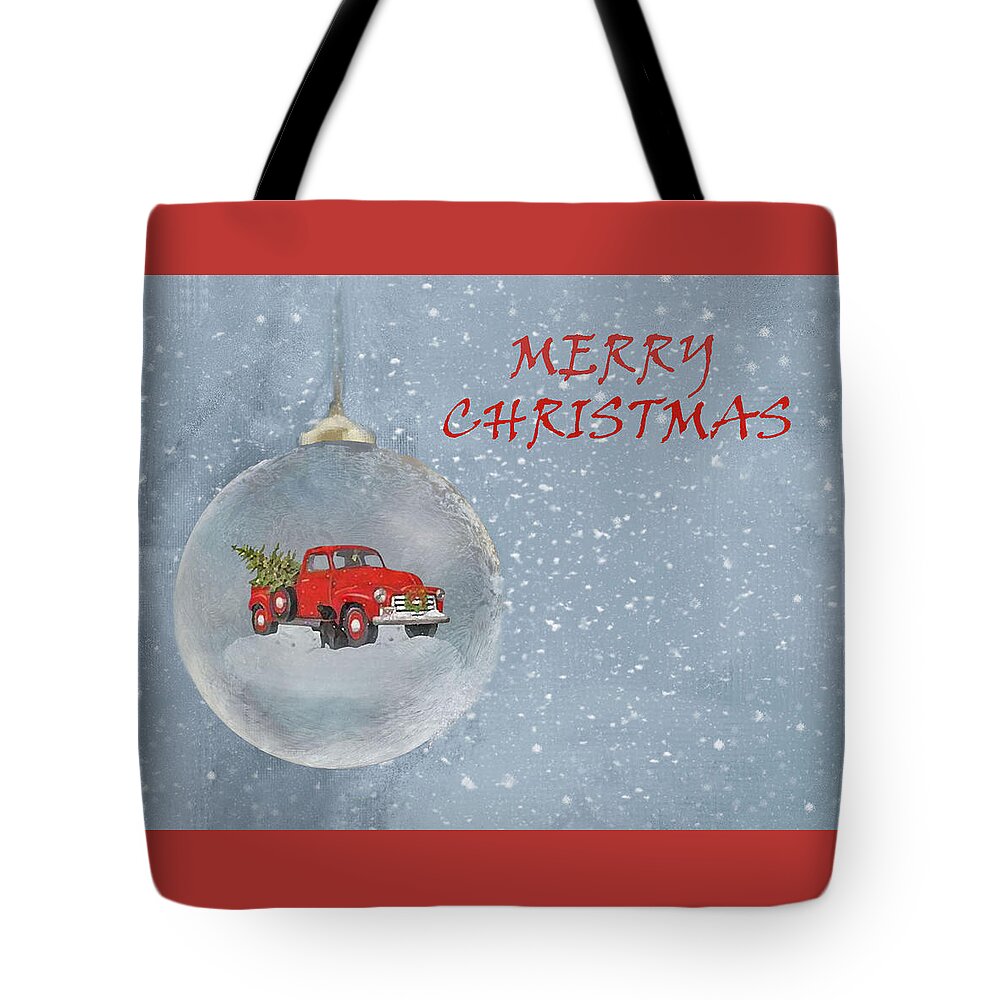 Merry Christmas Tote Bag featuring the mixed media Red Pickup With And Christmas Tree And Dog Ornament by Sandi OReilly