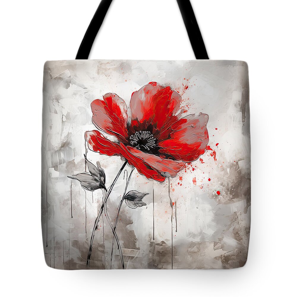 Red And Gray Tote Bag featuring the painting Red Poppy on Gray by Lourry Legarde