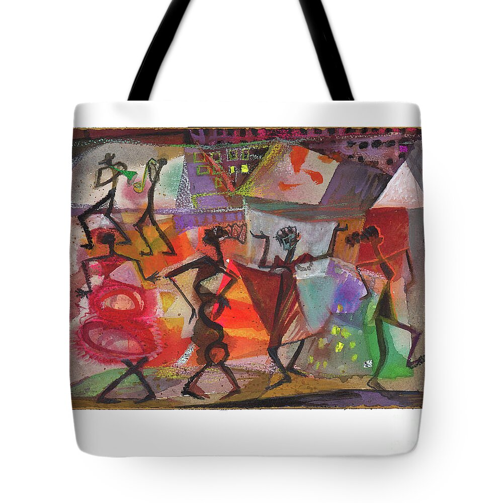 Rhythms Tote Bag featuring the mixed media Red Rhythms by Cherie Salerno