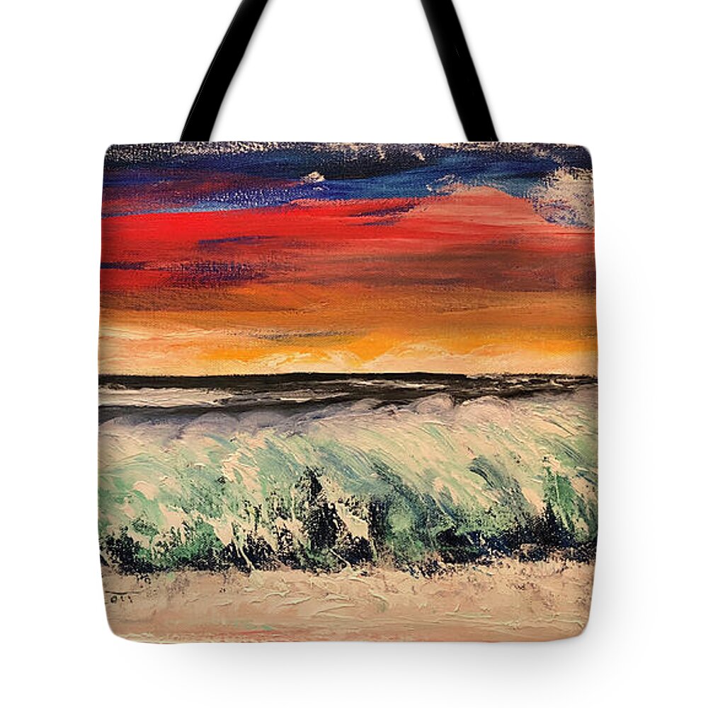 Waves Tote Bag featuring the painting Red Sky Breakers -- Sunset Ocean Waves by Catherine Ludwig Donleycott