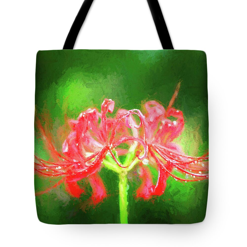 Red Spiderlily In Rain Tote Bag featuring the photograph Red Spider Lily in Rain by Bellesouth Studio