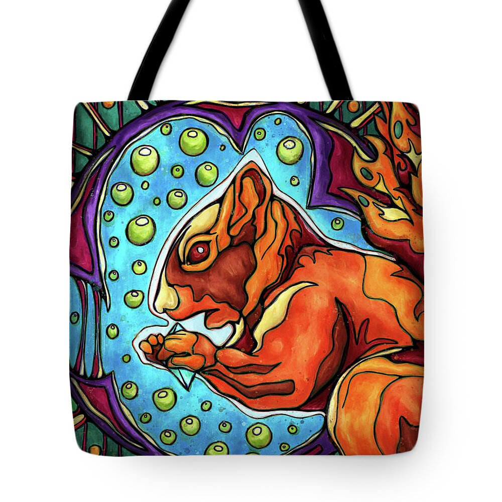 Red Squirrel Tote Bag featuring the painting Red squirrel in futuristic forest setting by Nadia CHEVREL