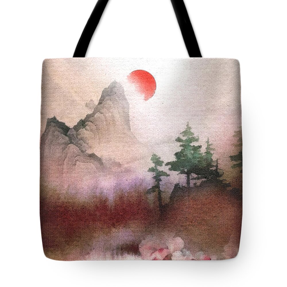 Red Sunrise Tote Bag featuring the painting Red Sunrise by Mo T