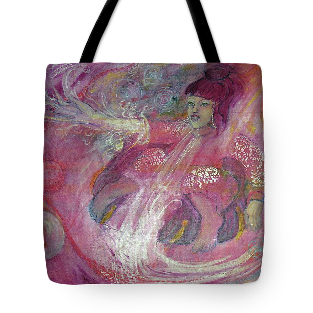 Red Thread Magic Tote Bag featuring the painting Red Thread Magic for Australia by Feather Redfox