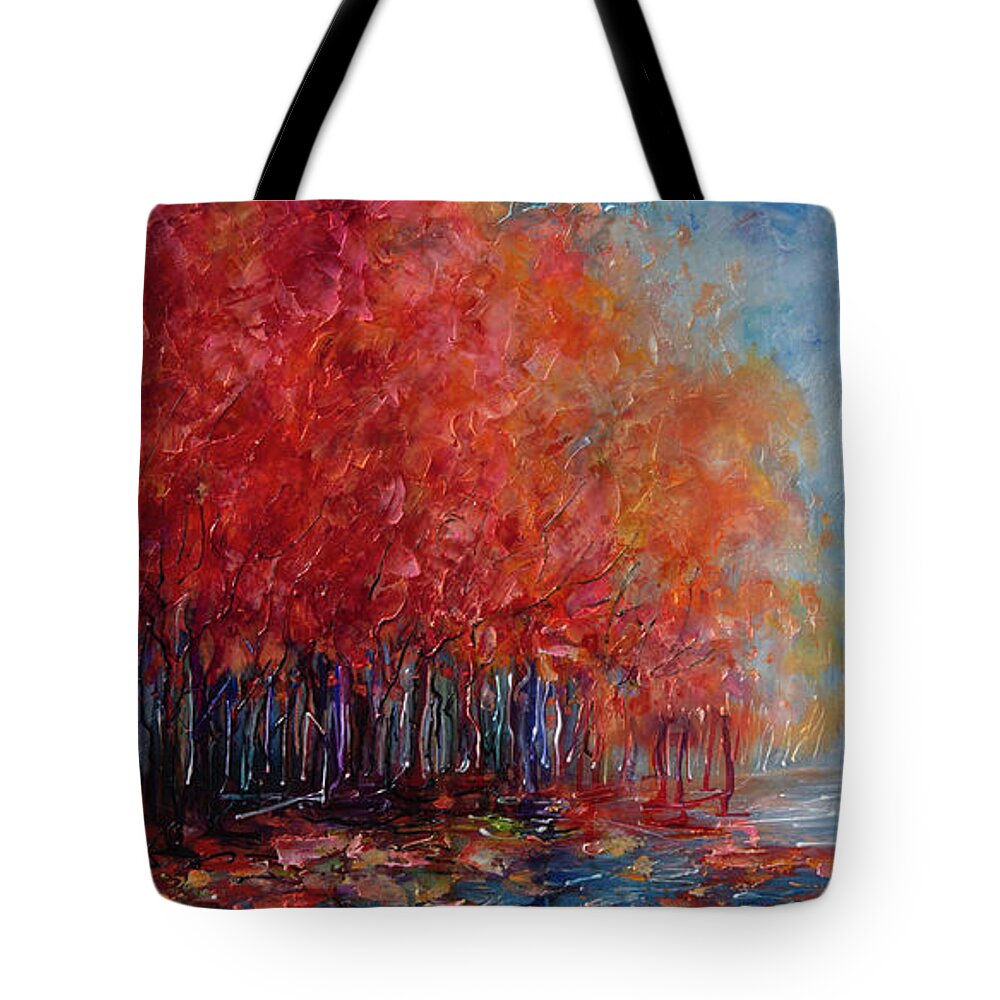  Tote Bag featuring the painting Red Autumn Trees in a Fall forest Palette Knife Oil Painting by Lena Owens - OLena Art Vibrant Palette Knife and Graphic Design