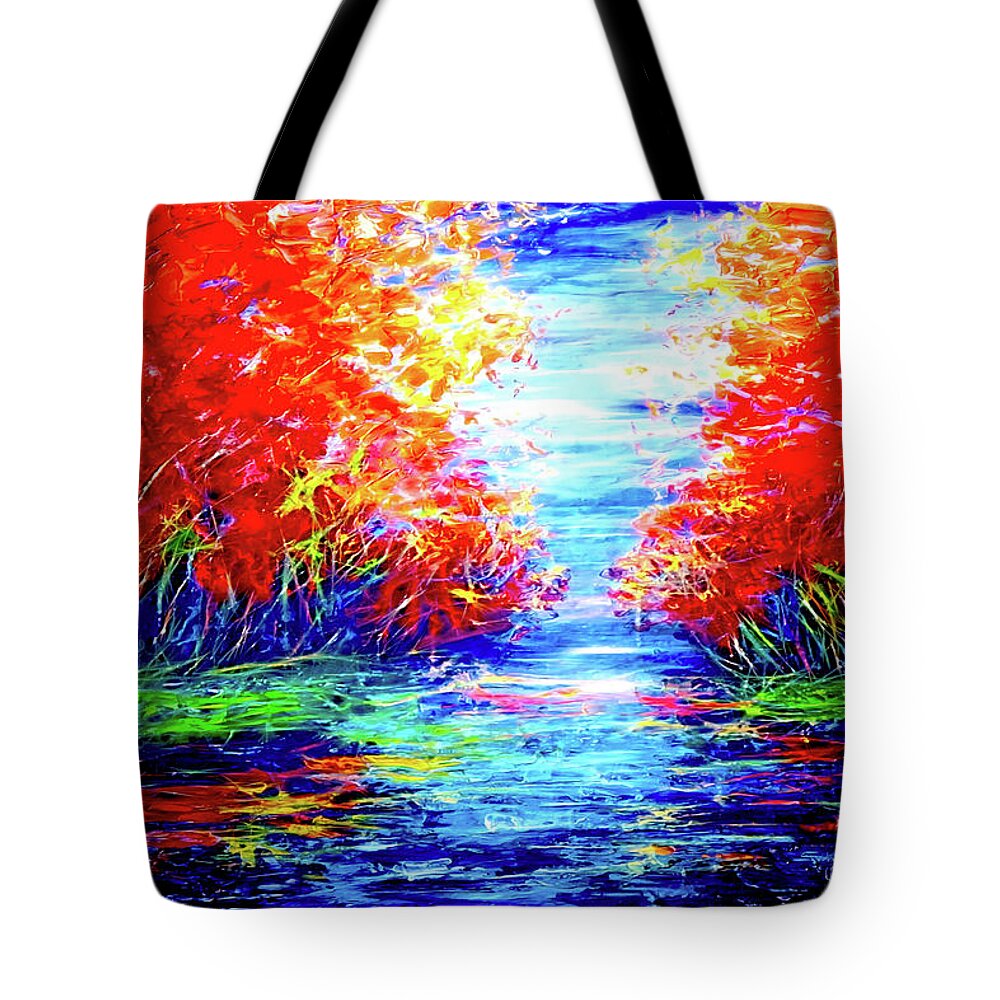  Modern Tote Bag featuring the painting Red trees reflected in the water by OLena Art by Lena Owens - Vibrant DESIGN