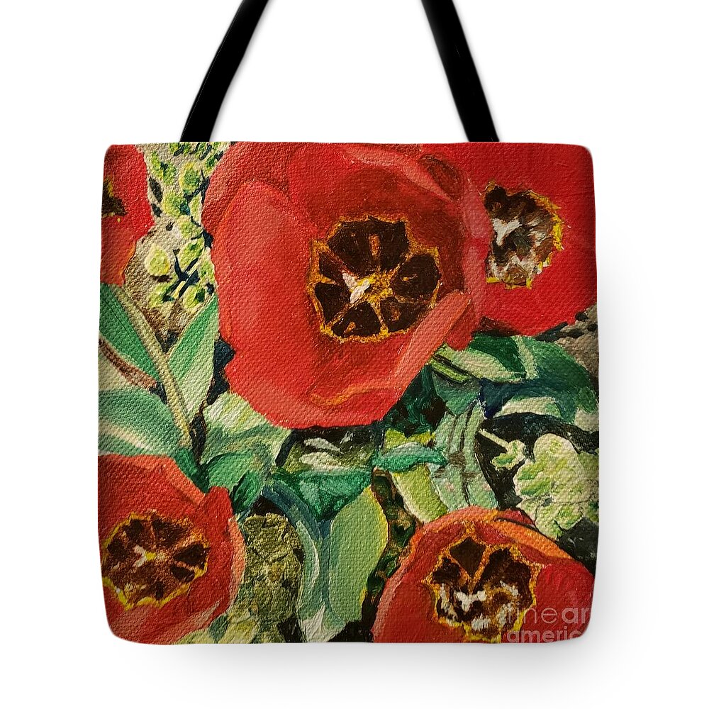 Red Tote Bag featuring the painting Red Tulips by Merana Cadorette