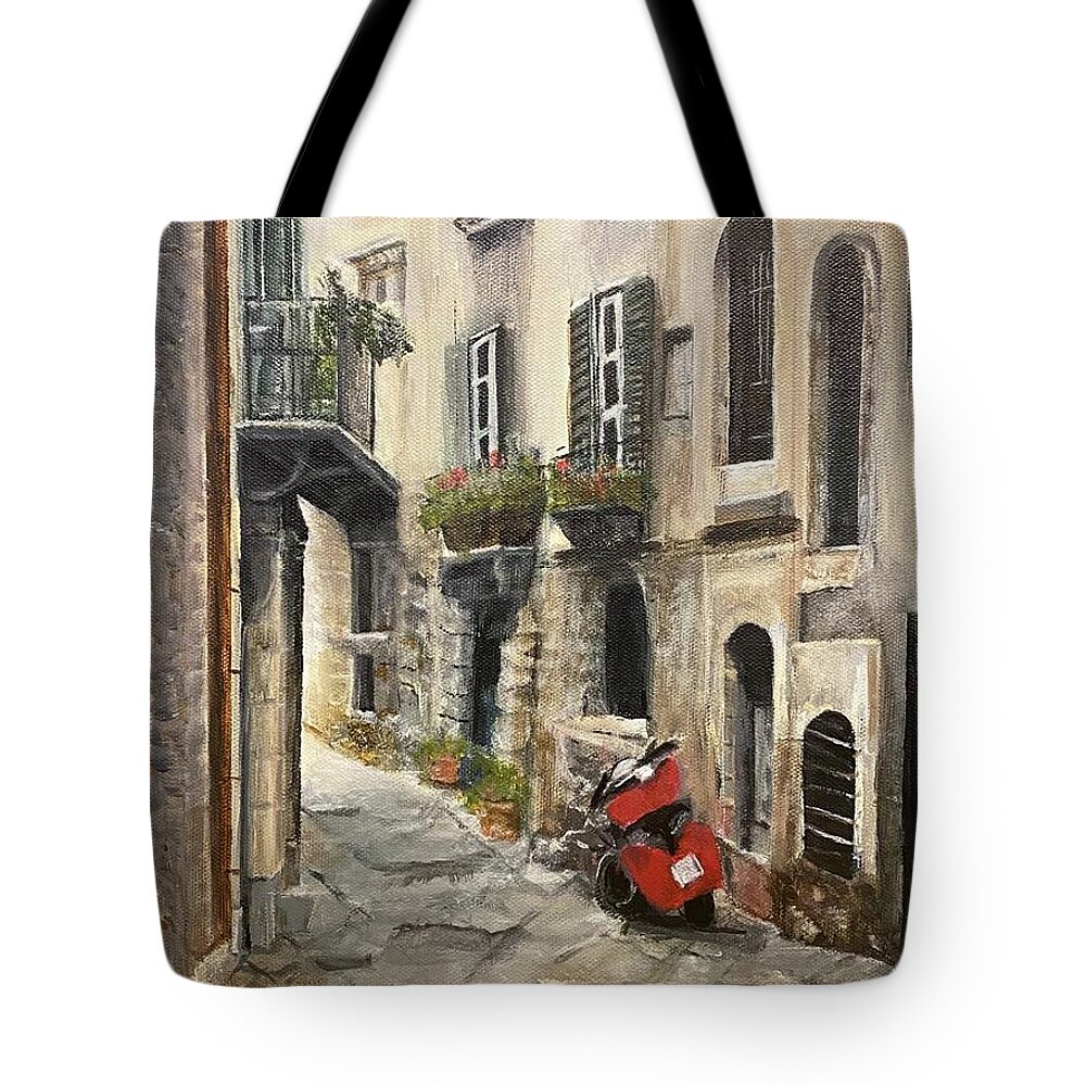 Painting Tote Bag featuring the painting Red Vespa by Paula Pagliughi