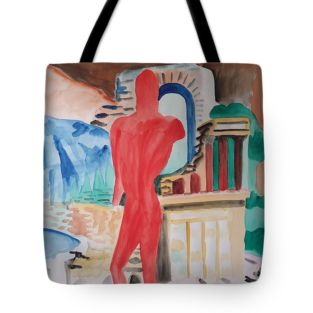 Classical Greek Sculpture Tote Bag featuring the painting Red Warrior and the Temple by Enrico Garff