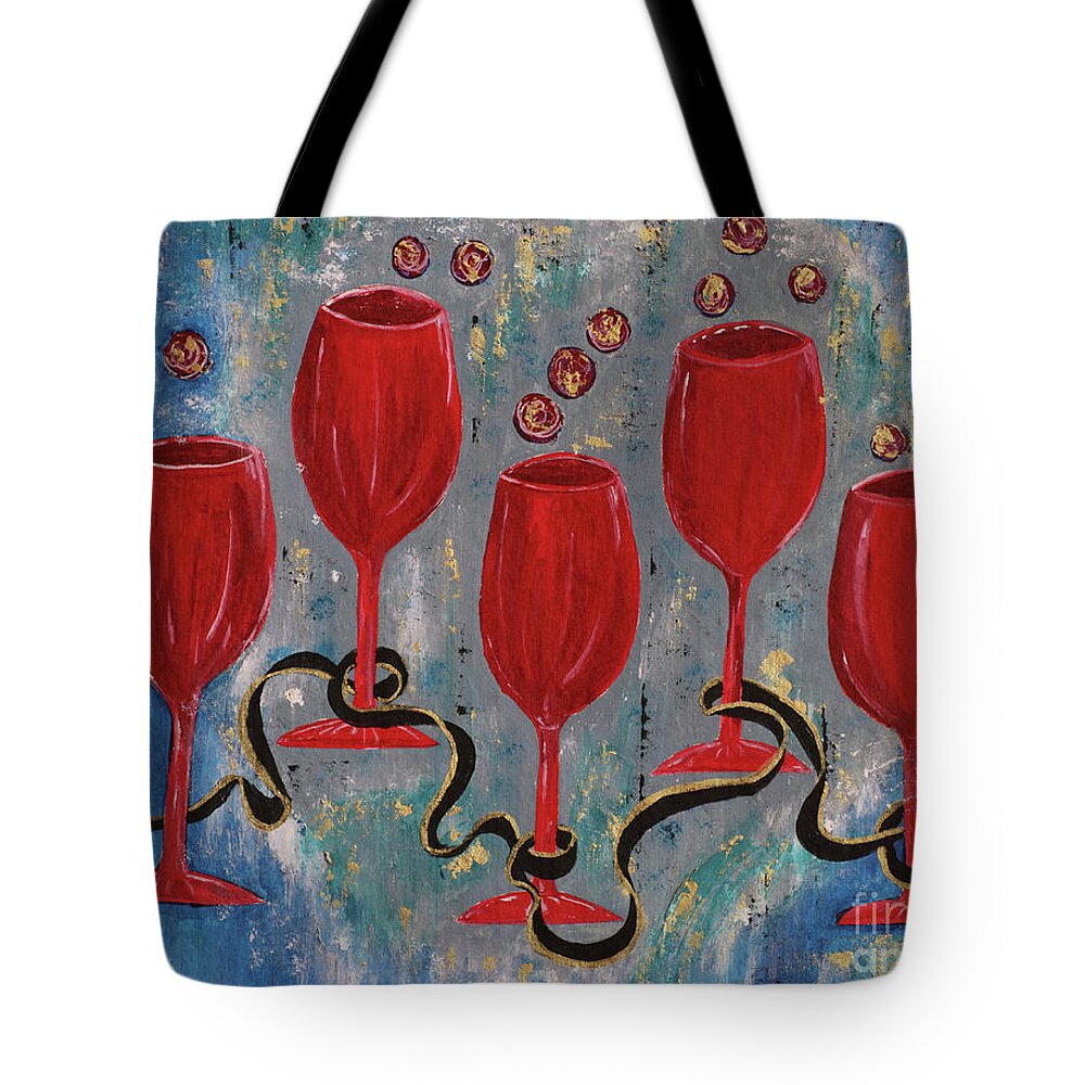 Red. Red Wine Tote Bag featuring the painting Red Wine Together by Cathy Beharriell