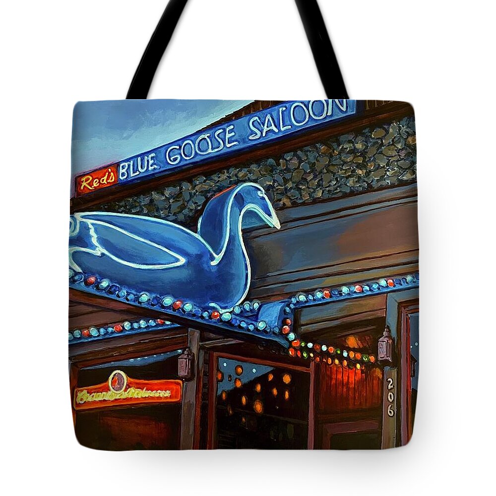 Blue Goose Saloon Tote Bag featuring the painting Reds Blue Goose Saloon by Les Herman