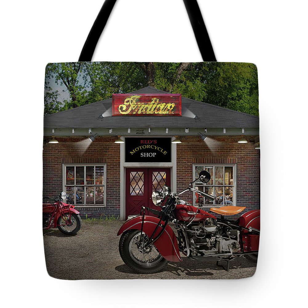 Indian Motorcycles Tote Bag featuring the photograph Reds Motorcycle Shop C by Mike McGlothlen