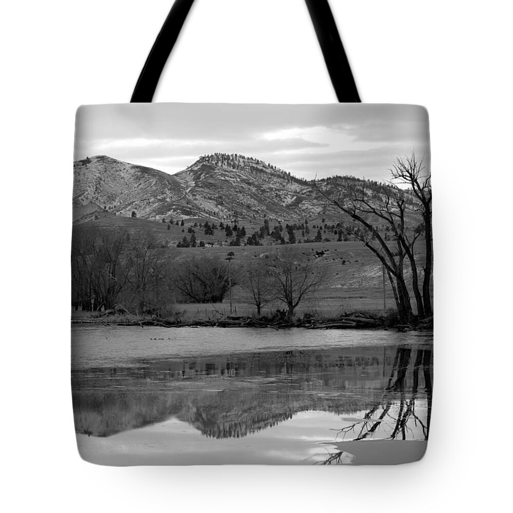 Black And White Tote Bag featuring the photograph Reflections in Icy Waters BW by Kae Cheatham
