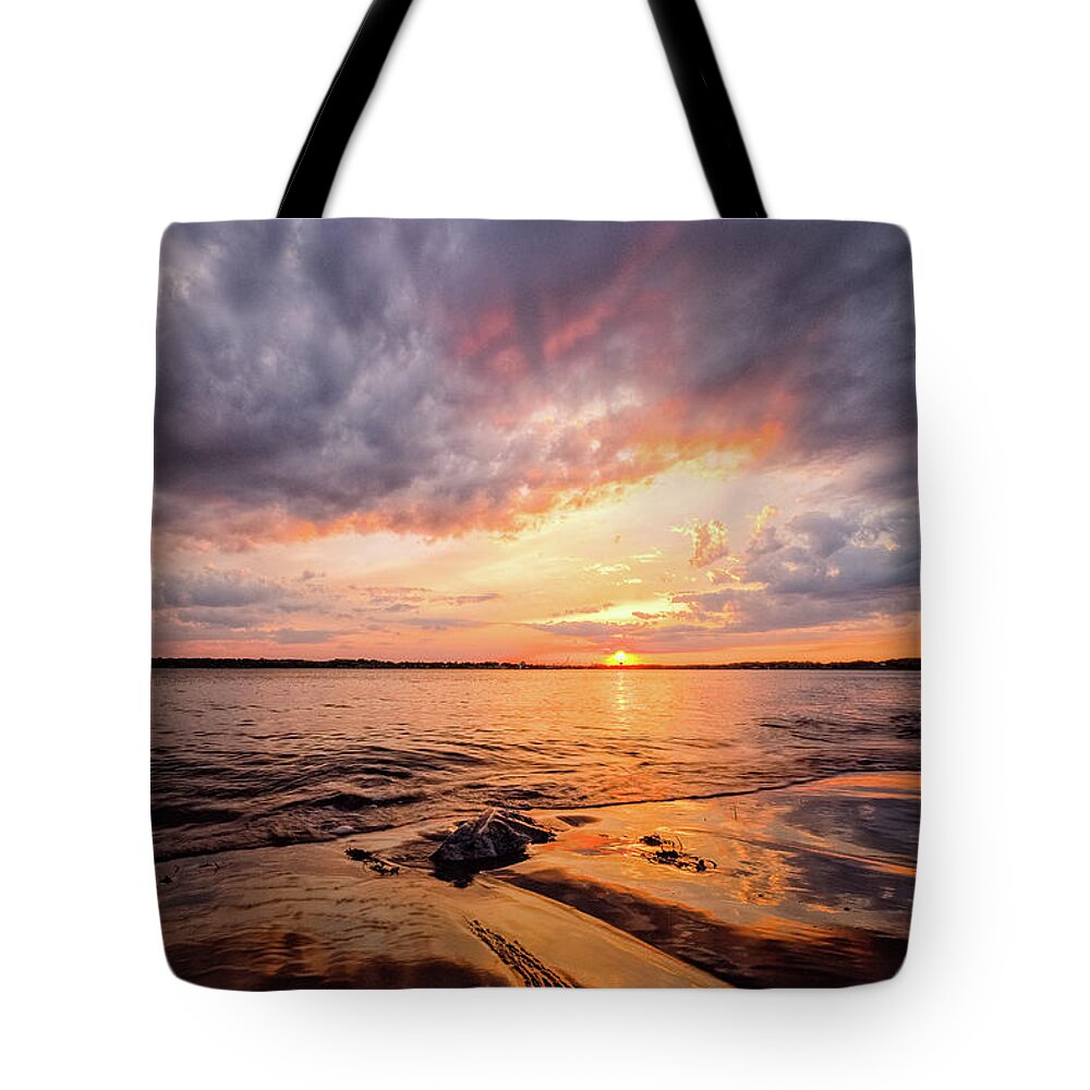 Beach Tote Bag featuring the photograph Reflect The Drama, Sunset At Fort Foster Park by Jeff Sinon