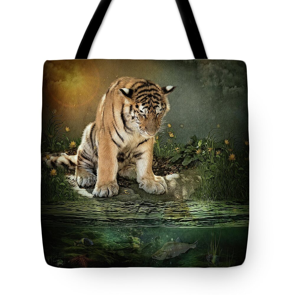 Tiger Tote Bag featuring the digital art Reflecting by Maggy Pease
