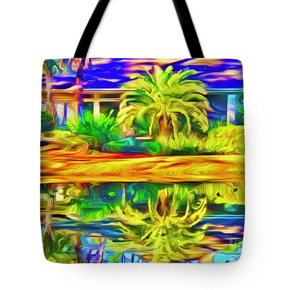 Landscape Tote Bag featuring the digital art Reflecting Palm by Michael Stothard
