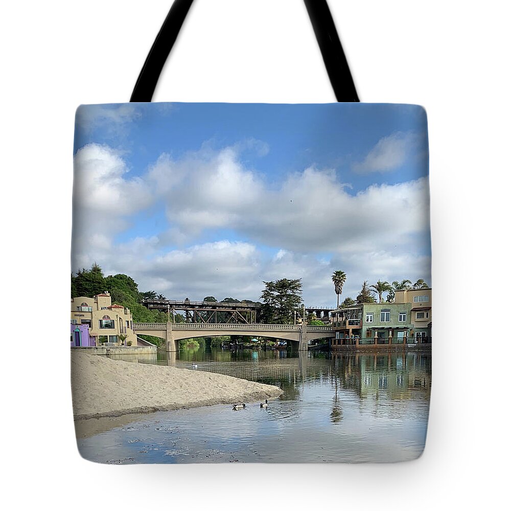Capitola Tote Bag featuring the photograph Reflection at Stockton Bridge by Jennifer Kane Webb