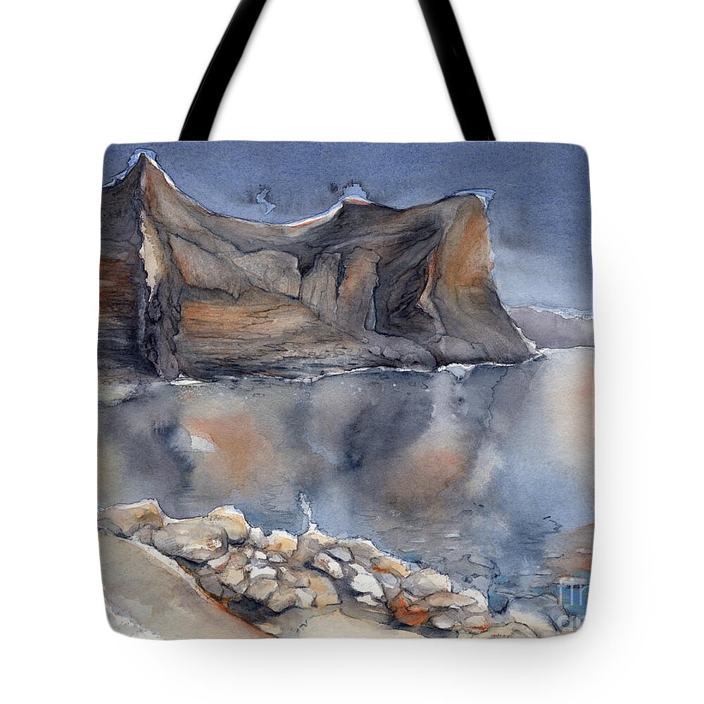 Watercolor Tote Bag featuring the painting Reflection in the Mediterranean Sea, Cala Moraig by Adriana Mueller