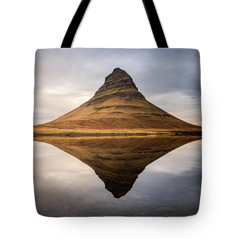 Kirkjufell Tote Bag featuring the photograph Reflection of Kirkjufell Mountain in Iceland by Alexios Ntounas