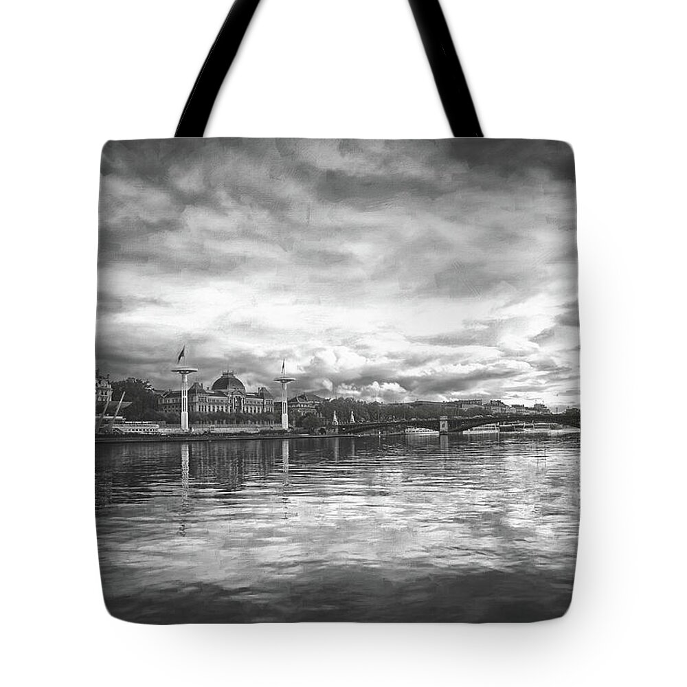 Lyon Tote Bag featuring the photograph Reflections of the Rhone River Lyon France Black and White by Carol Japp