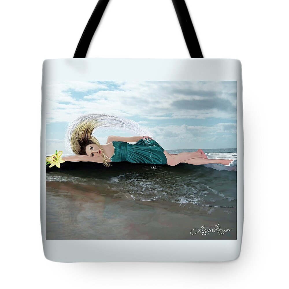 Beach Waves Fashion Water Flowing Hair Fashion Woman’s Art Contemporaryart Tote Bag featuring the mixed media Reflections on the Beach by Lorie Fossa