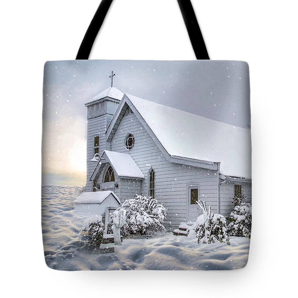 Church Tote Bag featuring the photograph Refuge in the Snow by Shelia Hunt