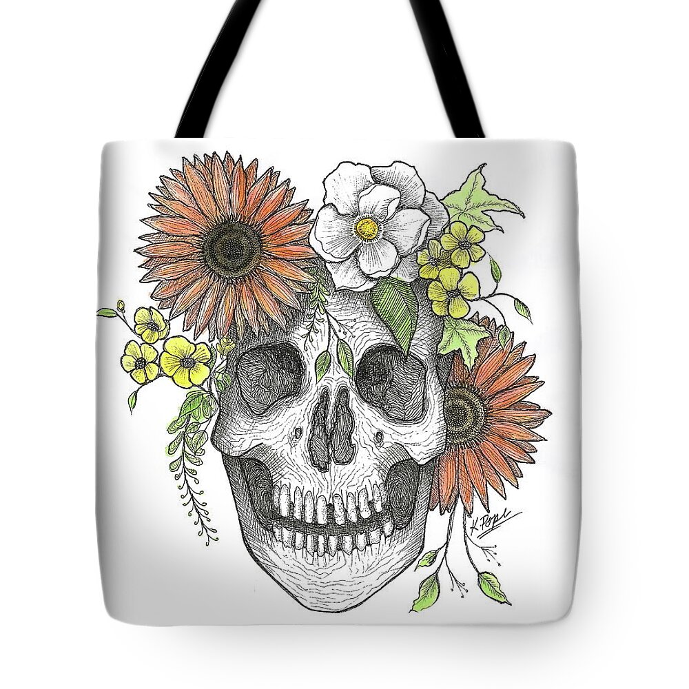 Skull Tote Bag featuring the painting Regal Blossoms Crowned Skull FALL COLORS by Kenneth Pope