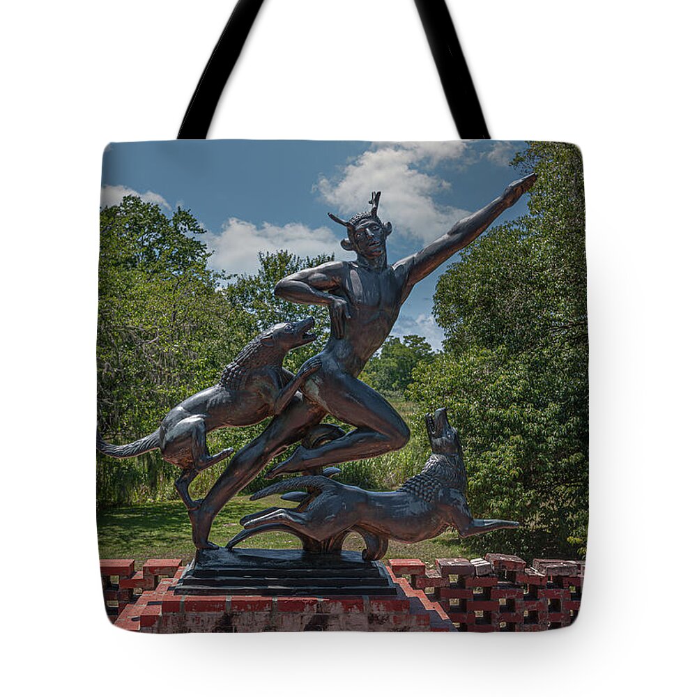 Statue Tote Bag featuring the photograph Release the Hounds - Garden Statue at BrookGreen Gardens and Wildlife Preserve by Dale Powell